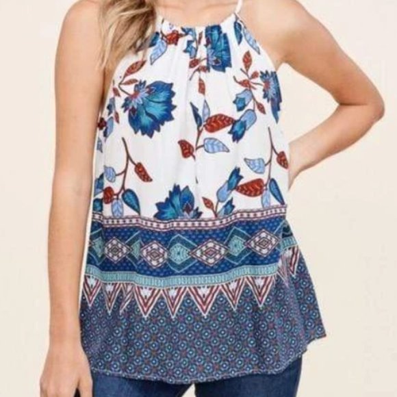 Women's BOHO BORDER PRINT HALTER TOP - Picture 1 of 3